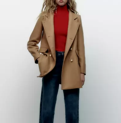 Zara New Woman Double-breasted Wool Blend Military Coat Camel 8456/298 Xs - Xl • $205.53