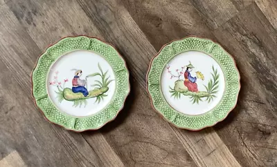 Pair VIETRI Italy CINESE Salad Plates Asian People Scenes Green Textured Rim • $50