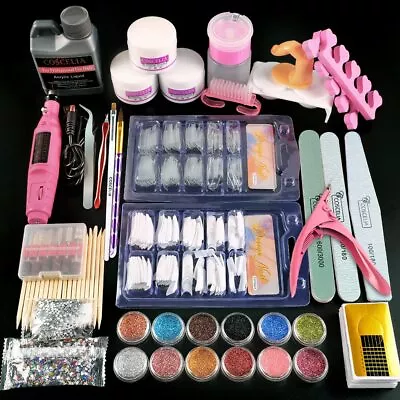 Full DIY Acrylic Nail Art Kits Tips Brush PowderLiquid Manicure Glitter Set • $22.49