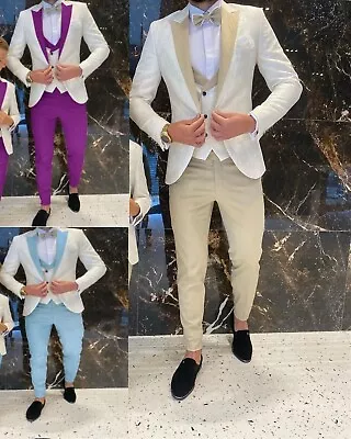 Men Suits 3 Pieces Cream White Floral Pattern Slim Fit Party Business Suits • $85.40