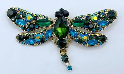 B3-521 Vintage Gold Tone Brooch Pin 3.75  Rhinestone Dragonfly Animal Bug • $2.99