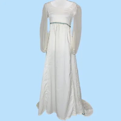 Vintage 60s 70s White Bridal Maxi Dress With Blue Floral Accents & Long Tail • $100