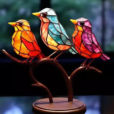 Stained Glass Birds On Branch Desktop Ornament Metal Vivid Craft Desktop Decor • £10.25