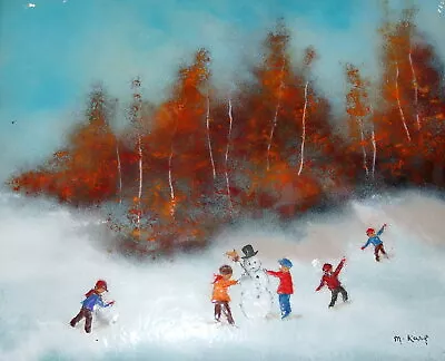 Large MAX KARP ORIGINAL  Kids Making Snowman  Signed Enamel On Copper Painting! • $9439