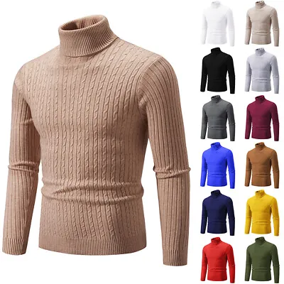 Mens Knitted Turtle High Neck Jumper Long Sleeve Polo Roll Pullover Sweater Tops • £12.69