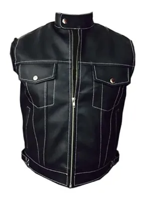 Mens Zipper Vest Real Cow Leather Black Motorcycle Biker Style Vest Waistcoat • £69.99