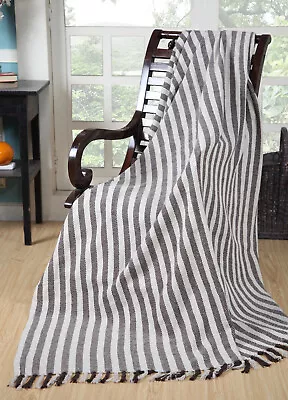 Large BROWN & NATURAL STRIPE 100% Cotton Sofa / Bed Throw 153x229cm • £13.99