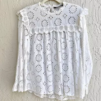 Zara Long Sleeve Eyelet Embroidered Semi Sheer Top Blouse White Women's Size XL • $39