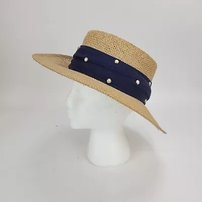 Chi Chi Rodriguez Straw Golf Hat Navy Blue Band Pearl Accents Womens S/M • $19.71