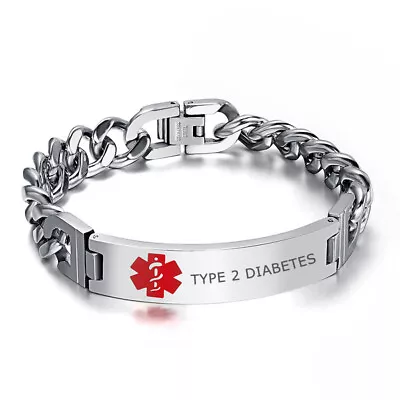 Male Men Stainless Steel TYPE 2 DIABETES Medical Alert Bracelet Chunky Chain • $16.98