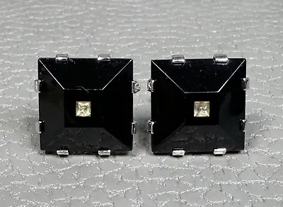 Vintage Domed Square Onyx Faux Diamond Center White Gold Plated Cuff Links • $19.95