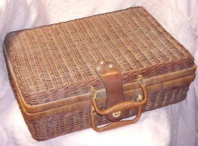 Vintage MC Wicker Picnic Basket / Case / Tote W/ Leather Strap Twist Latch • $26