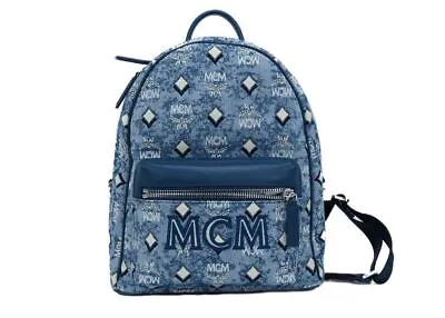 MCM Women Blue Backpack Woven Fabric Jacquard Monogram Print Adjustable Rucksack • $1748.35