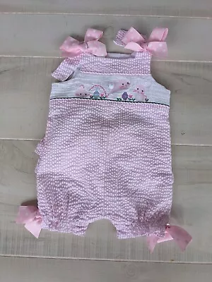 Mud Pie Infant Pink & White Seersucker Smocked Romper Easter Spring Size 0-6 Mon • $18