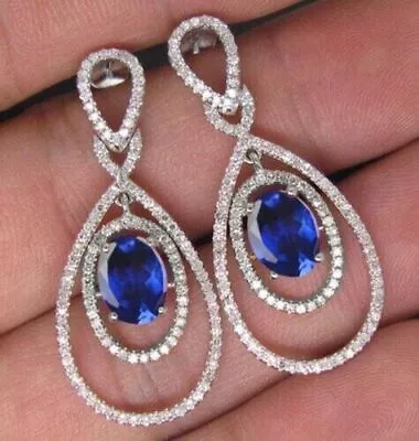 3.50 Ct  Natural Blue Tanzanite Diamond Earrings In 14K Gold • £533.26