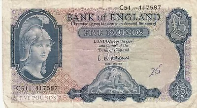 Bank Of England UK Great Britain Britannia 5 Pounds (1957)  O'Brien  P-371 VF • $69.99