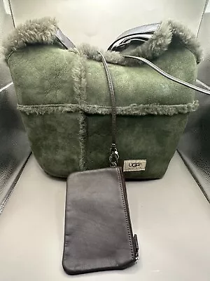UGG Shearling & Leather Hobo Bucket Over The Shoulder Bag Olive Green Suede • $65.85
