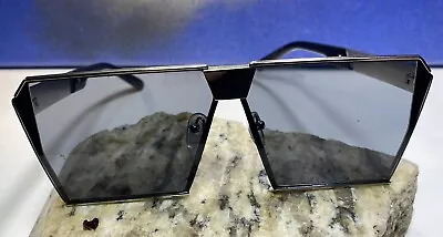 Men's Sunglasses Flat Top Square Frame Black Dark Lens Chrome Metal Frame W Case • $12.95