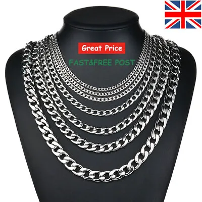 *UK* 316L Silver Stainless Steel 2-15mm 16-26  Mens Curb Chain Cuban Necklace • £3.99