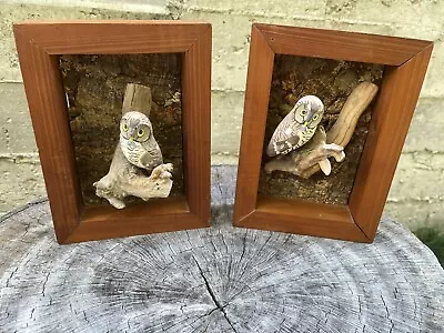 Vintage Mid Century Modern Wood Folk Art Carved Owls In Shadow Box • $25