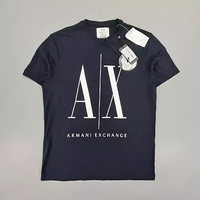 Armani Exchange Mens T Shirt Navy Blue Small Icon Tee Crew Neck Cotton Top • £13.99