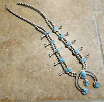 24  AAA+++ Vintage Navajo Sterling CARICO LAKE Turquoise Squash Blossom Necklace • $799