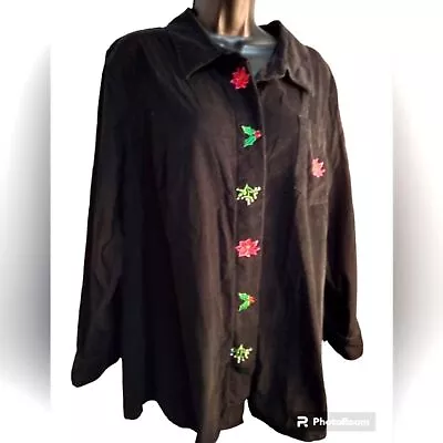 Quacker Factory Shirt Women 1X Black Corduroy Button Down Holiday Beaded Holly • $22