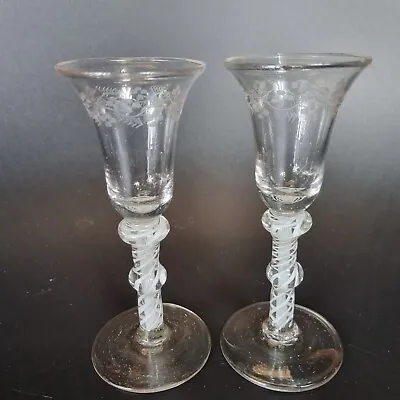 Antique Pair 18th Century Wine Glasses Double Series Opaque Twist Stems Engraved • £395