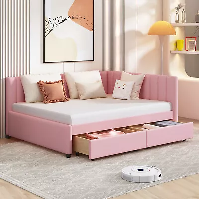 Full Size Daybed Upholstered Bed Frame Sofa Bed W/ 2 Storage Drawers Pink US • $415.99