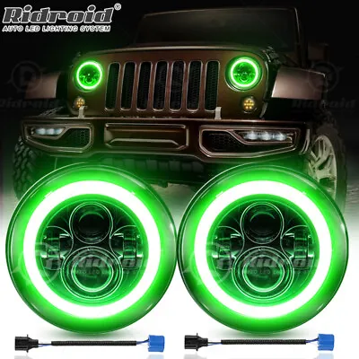 7  Inch Round LED Headlights Green Halo DRL Beam For Jeep Wrangler JK LJ TJ CJ • $44.39