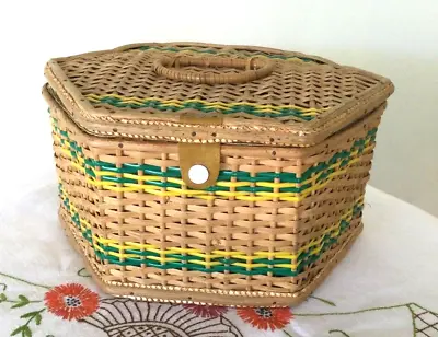 Antique Vintage Large Sewing Basket Box Wooden Woven Wicker Rattan Cane Blue • $99