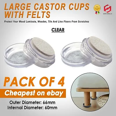 £3.49 • Buy 4 X FELT FURNITURE CASTOR CUPS LARGE CLEAR Floor Chair Protectors Padded Caster