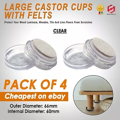 £3.49 • Buy 4 X FELT FURNITURE CASTOR CUPS LARGE CLEAR Floor Chair Protectors Padded Caster