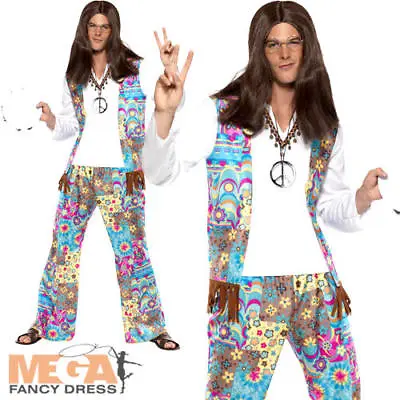 Groovy Hippie Mens Fancy Dress 1970s 70s 1960s Peace Hippy Adults Costume Outfit • £12.99