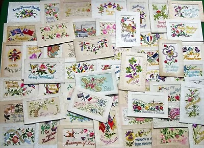 Collection 52 WW1 Military Embroidered Silk Postcards Greetings Patriotic Etc • £82