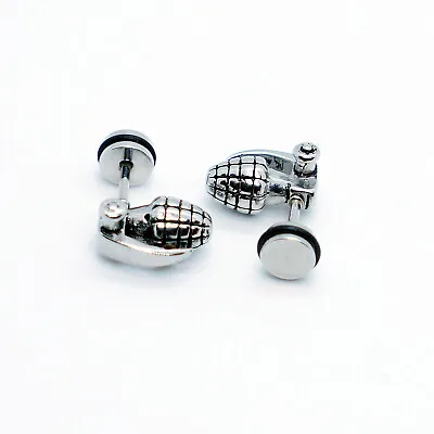 2PCs Stainless Steel Punk Hip-Hop Rock Grenade Military Stud Earrings Men Women • $9.99