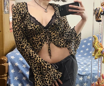 New EmoryPark Leopard Print Sheer Retro 60s/70s Style Blouse With Flared Sleeves • £11