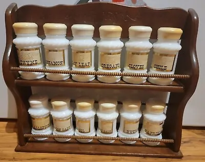 Vintage Wooden Spice Rack With 12 Milk Glass Spice Jars  Cornwall Wood Products • $48.93