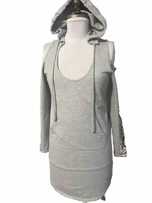 VENUS Gray Hooded Cold Shoulder Sweatshirt Dress Womens SMALL Animal Trim • $8.99