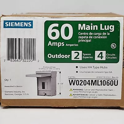 Siemens Main Lug 60 Amp Outdoor 4 Circuit Breaker Box Load Center W0204ML1060U • $39.99