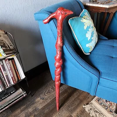 Folk Art Cane Hand Carved Twisted Wood Red Bird Cardinal • $179