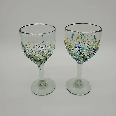 2 Hand Blown Mexican Multicolored Confetti Wine Glasses • $28.49