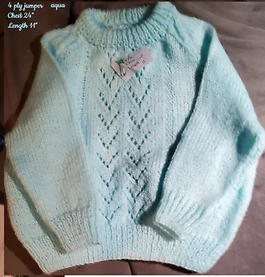 A Beautiful Hand Knitted Baby/toddler Jumper In Lovely Shade Of Aqua 4 Ply Wool • £7.99