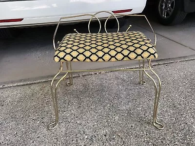 Vintage Pearl-Wick MCM Cushioned Vanity Chair Settee Stool Gold Metal • $110