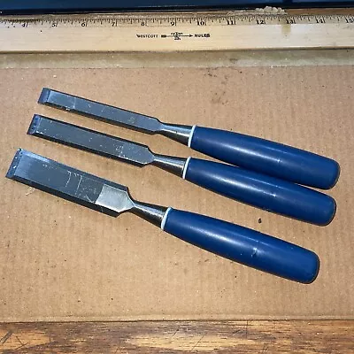 Vintage Set Of 3 Wood Chisels W/ Blue Plastic Handle Made In Japan 1/2 3/4 & 1” • $13.99