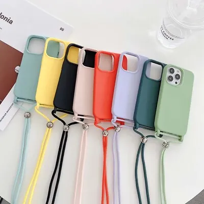 $10.36 • Buy For IPhone 14 Pro Max 13 12 11 XR 8 Plus Silicone Lanyard Solid Color Phone Case