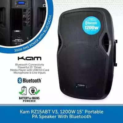 Kam RZ15ABT 15  1200W Bluetooth PA Speaker Active Portable Powered DJ Club Stage • £198