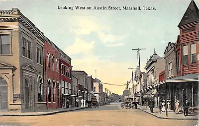 1914 Stores Austin St. Looking West Marshall TX Post Card • $15