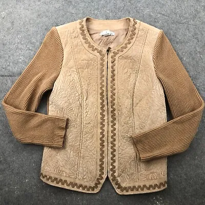 VTG Peter Nygard Jacket Womens Small Beige Suede Leather Knit Sleeves Zip • $30.79