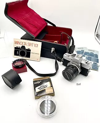 Minolta SRT101 35mm Film Camera MC Rokkor-PF 58mm F1.7 1:14 Case Lots Extras • $108.99
